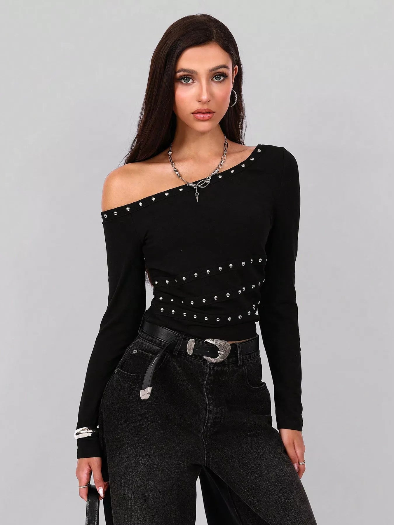 Studded One Shoulder Long Sleeve T-Shirt Trendsi