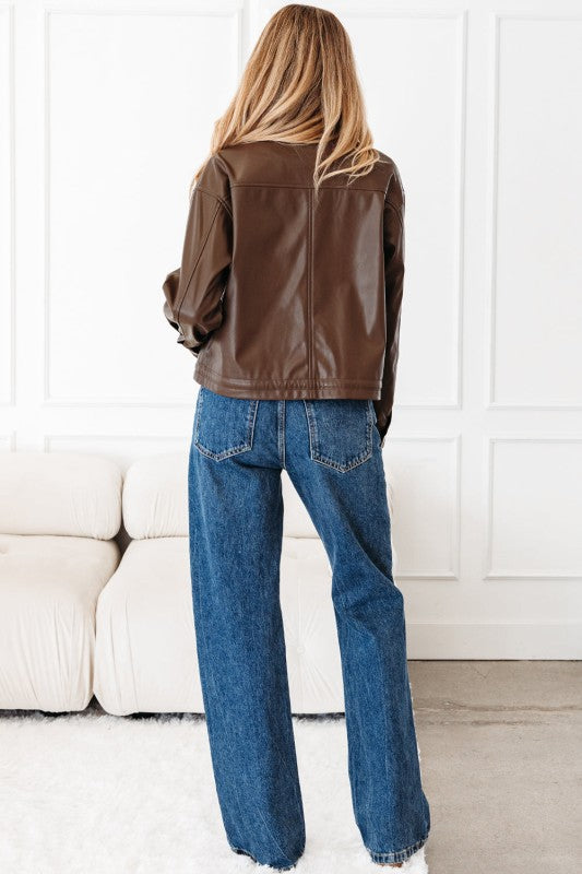 Leather Drawstring Hem Pocketed Jacket JUNIPER BLVD