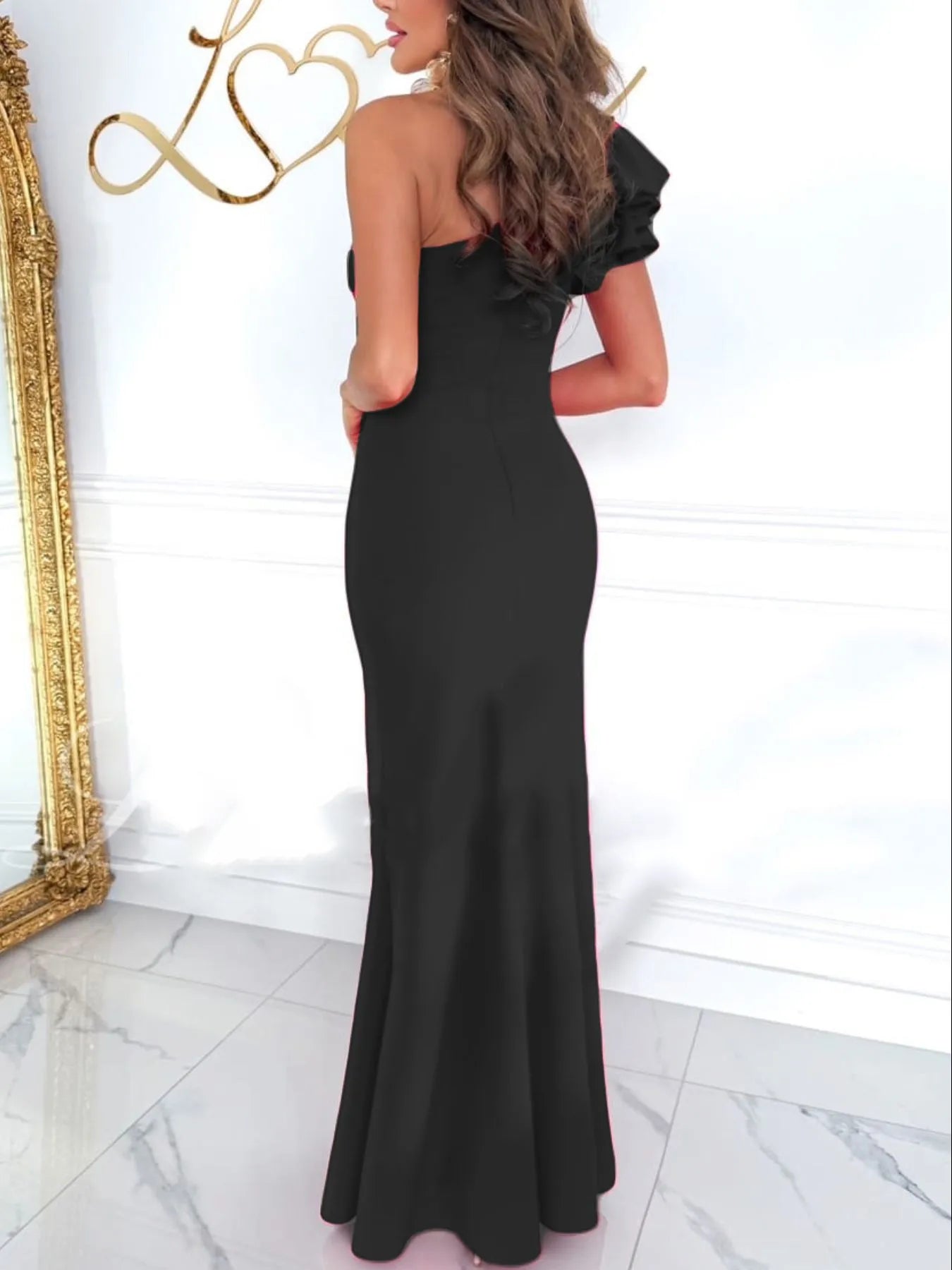Cutout One Shoulder Ruffle Split Dress