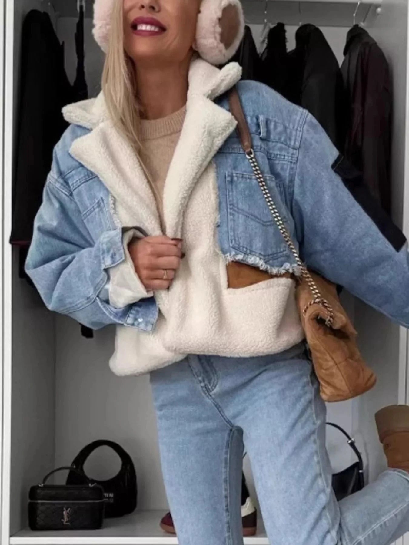 Raw Hem Sherpa Lined Denim Jacket Trendsi