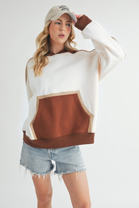 Aemi + Co Color Block Kangaroo Pocketed Hoodie Trendsi