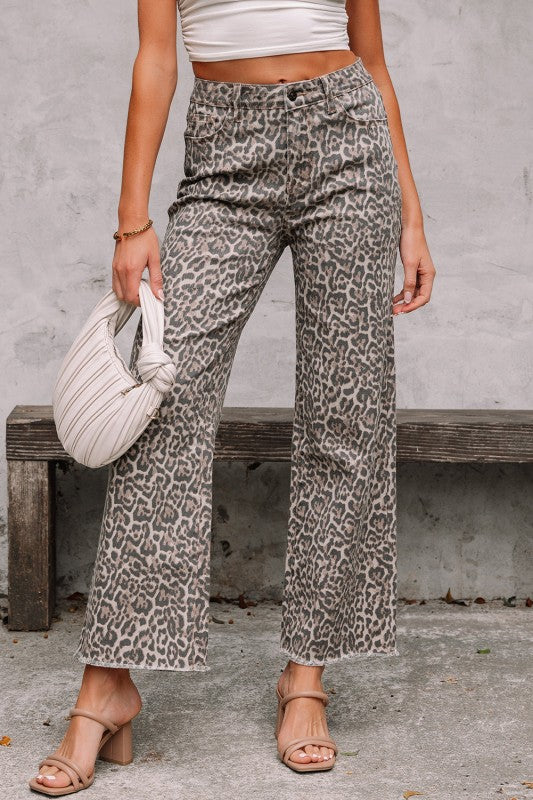 Leopard Frayed Edge Wide Leg Jeans JUNIPER BLVD