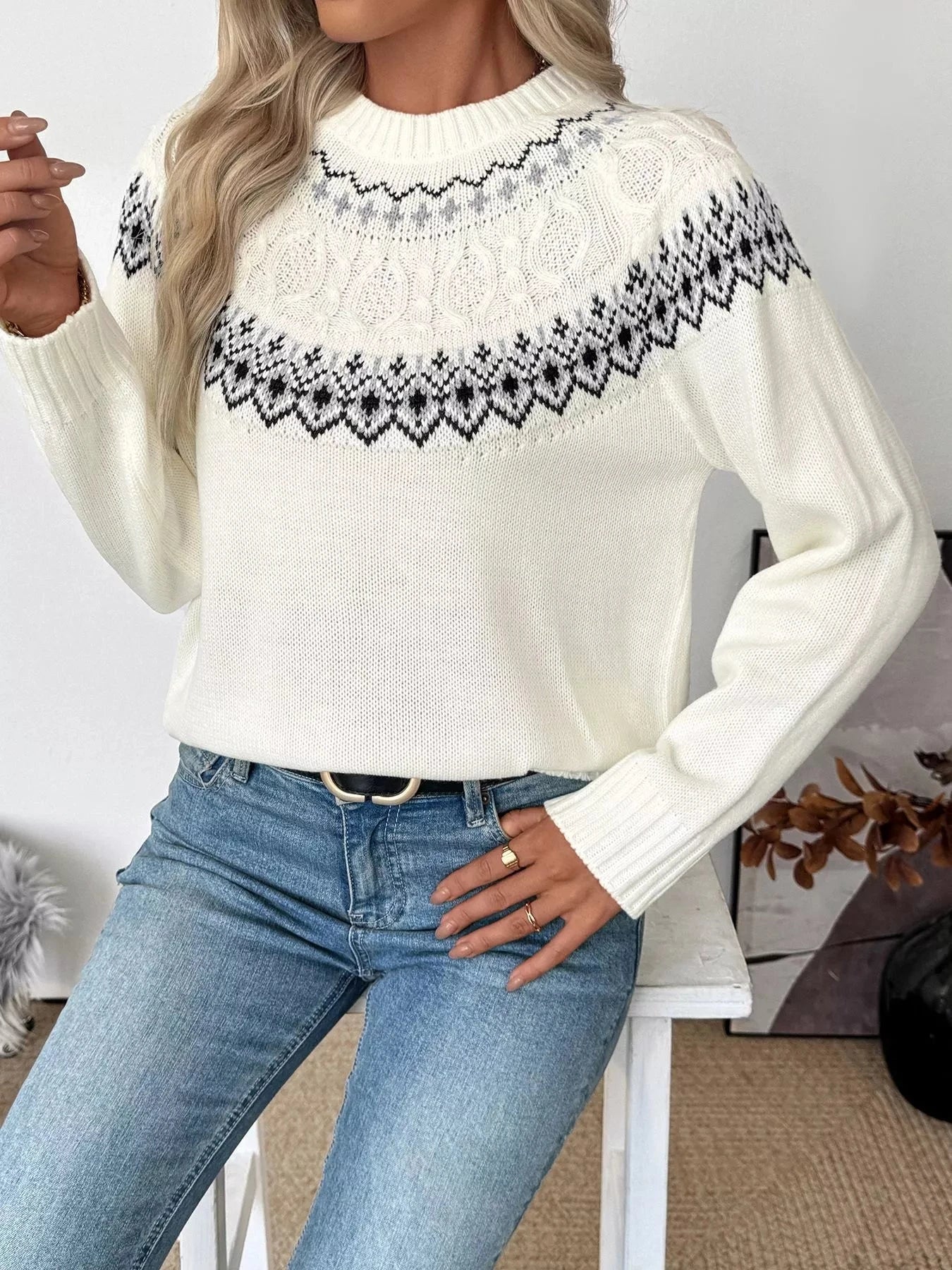 Fair Isle Pattern Crew Neck Sweater Trendsi