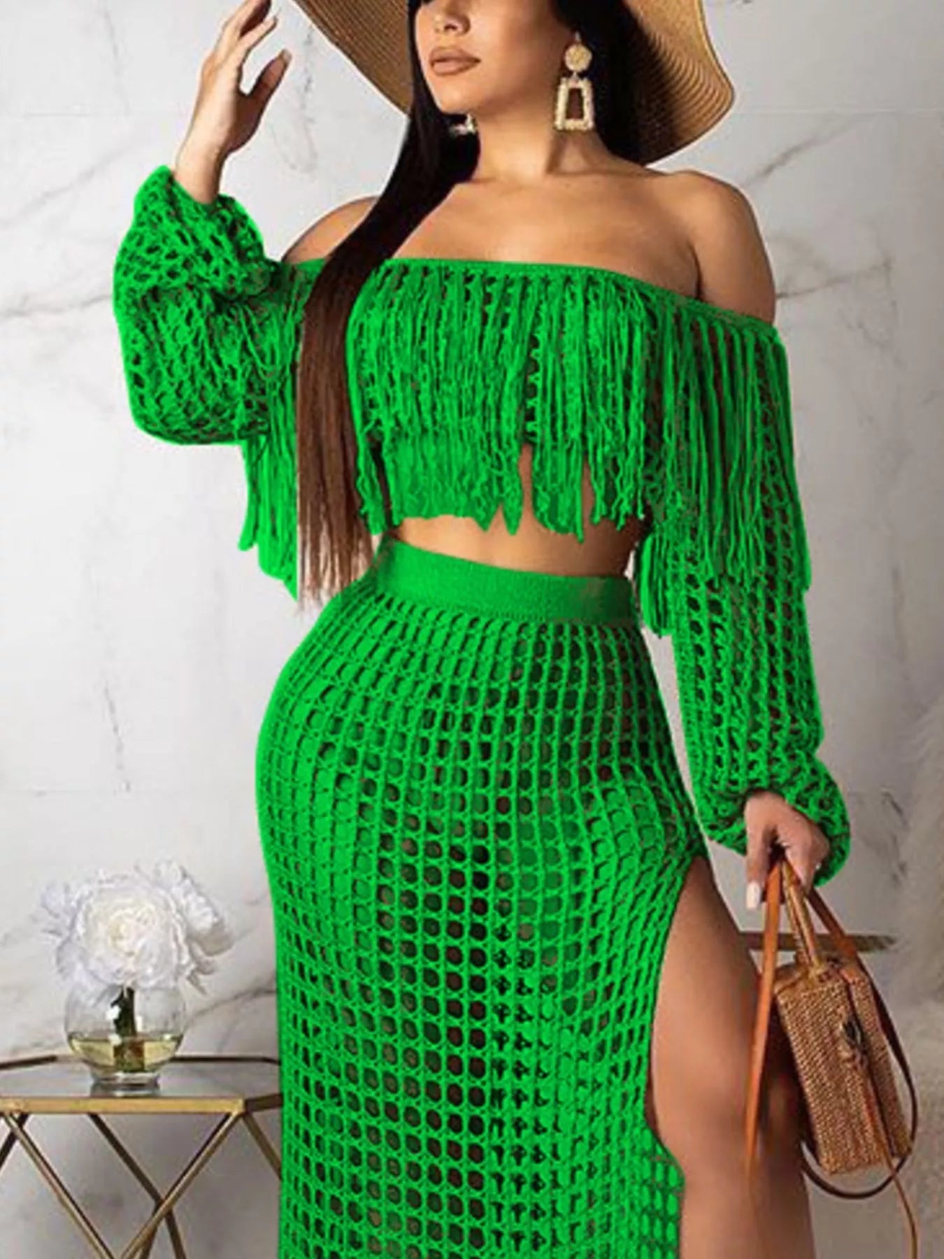 Full Size Crochet Off-Shoulder Fringe Top and Skirt Set Plus Size Trendsi
