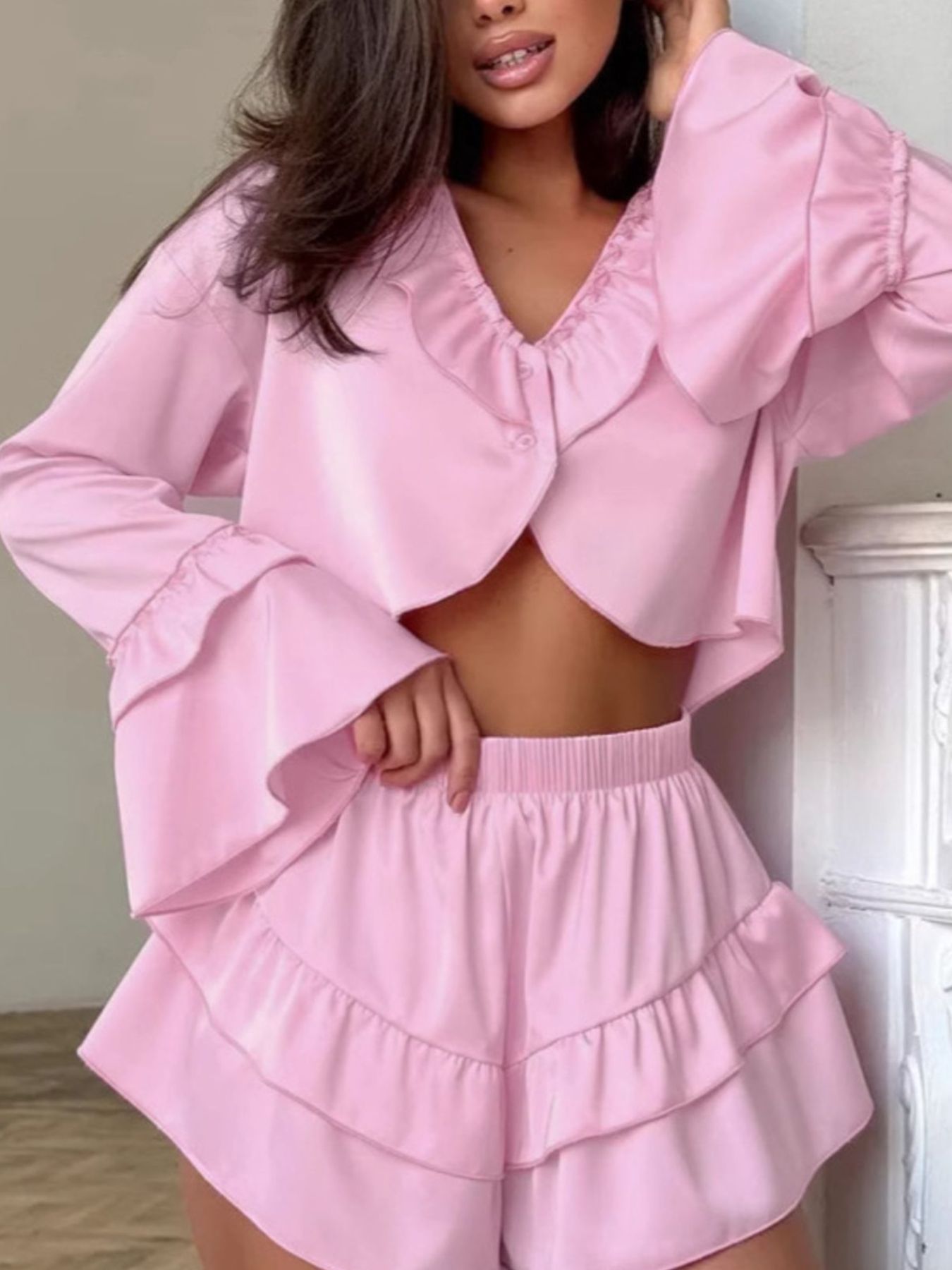 Ruffled V-Neck Top and Shorts Set Trendsi
