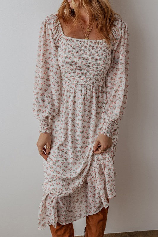 Floral Shirred Ruffled Hem Square Neck Midi Dress YNIQUE