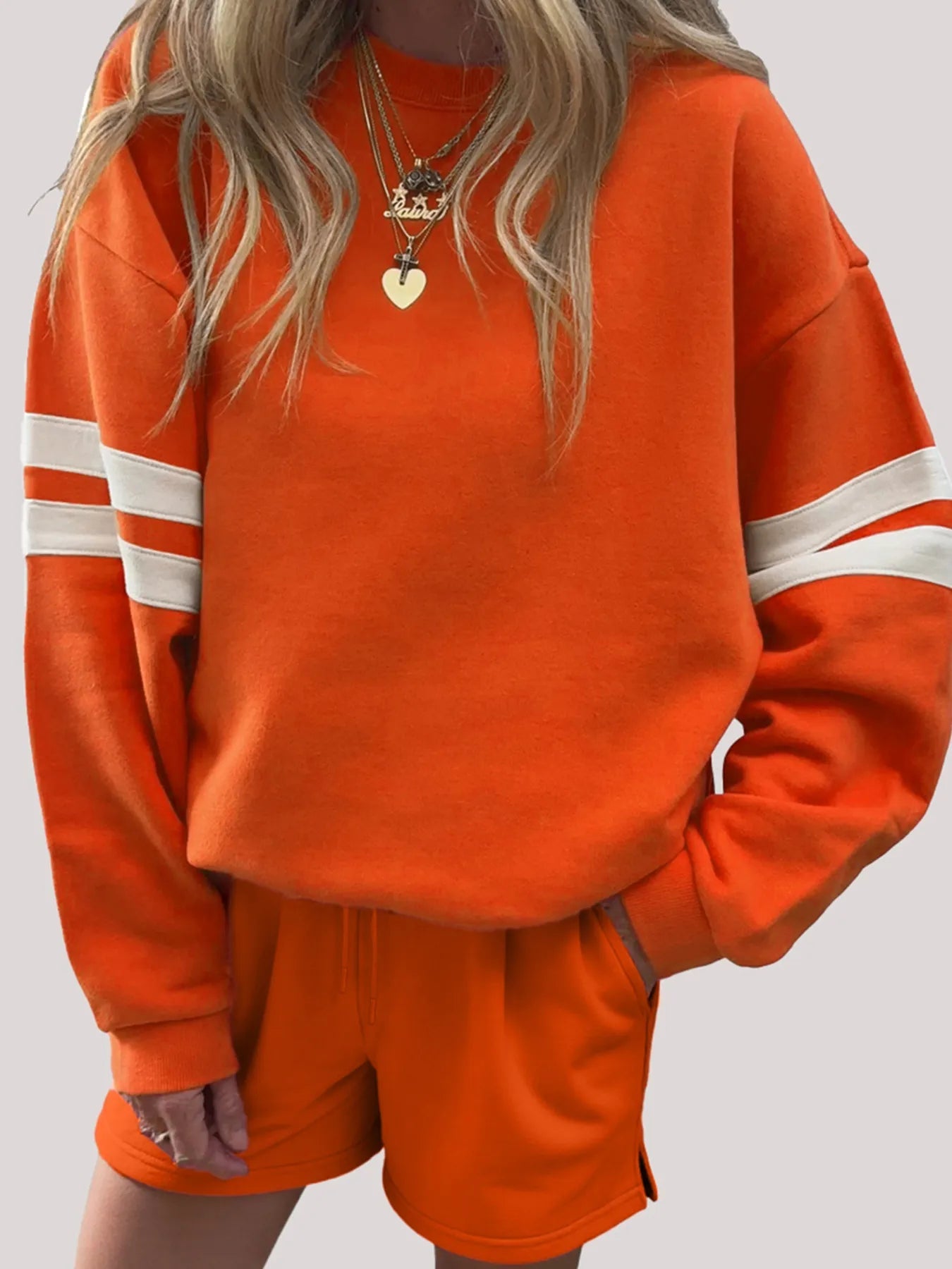 Stripe Round Neck Sweatshirt and Shorts Set Trendsi