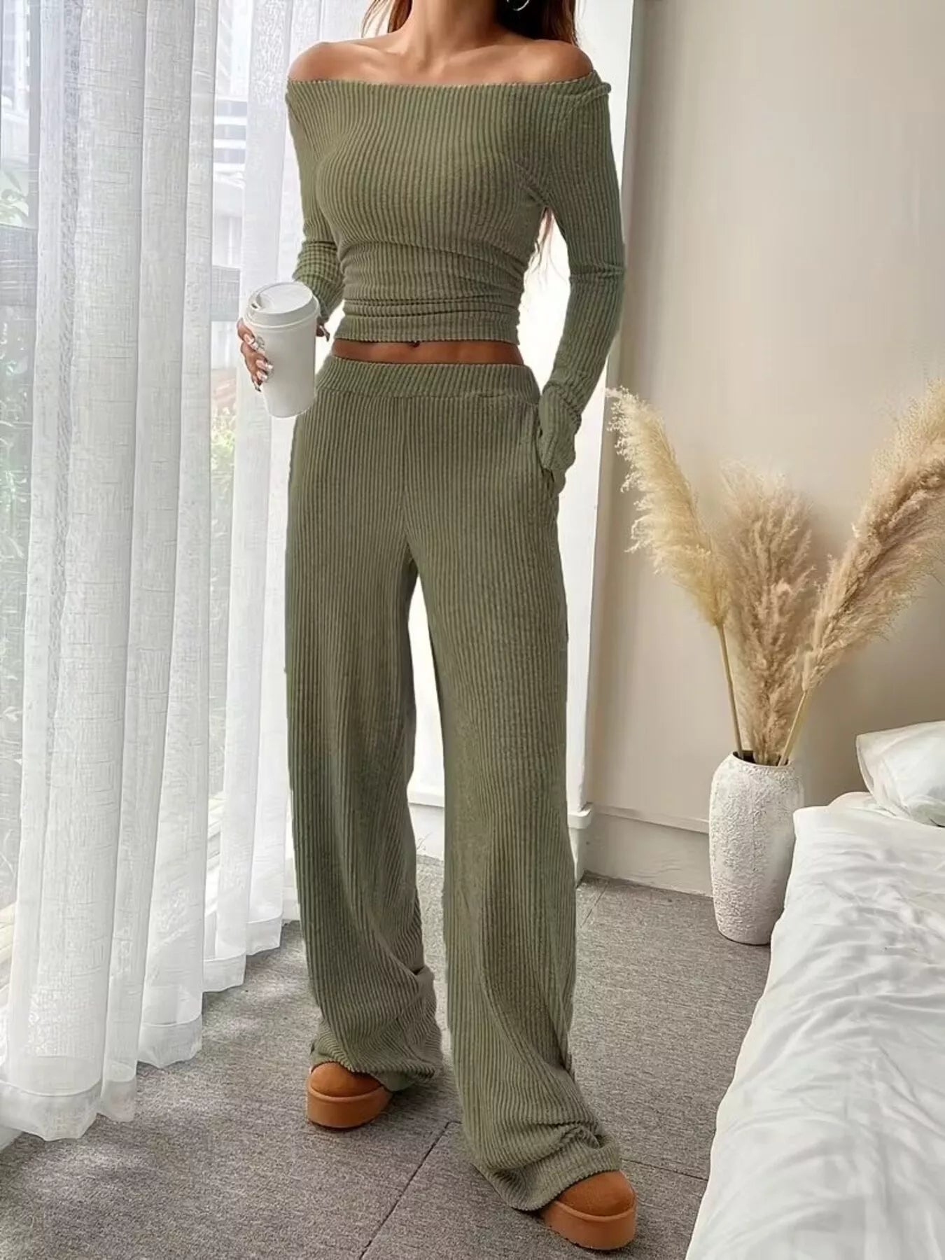 Ribbed Knit Boat Neck Top and Pants Set