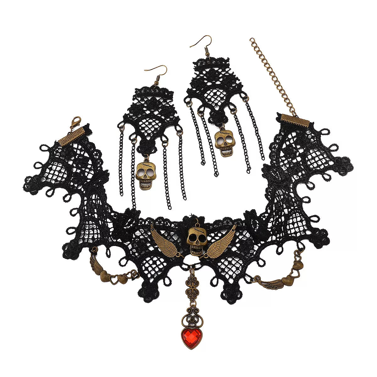 Halloween Lace Skull Necklace and Earrings Jewelry Set Trendsi