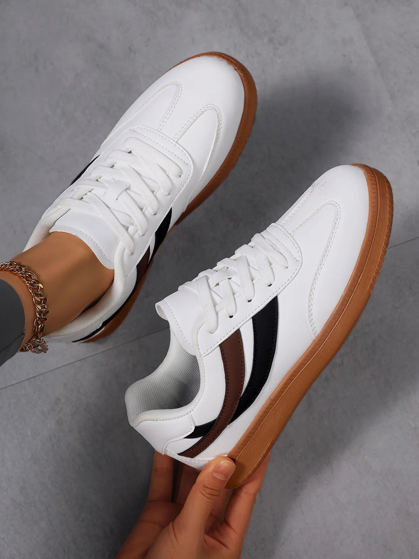 Lace Up Flat Sneakers with Stripe Accent