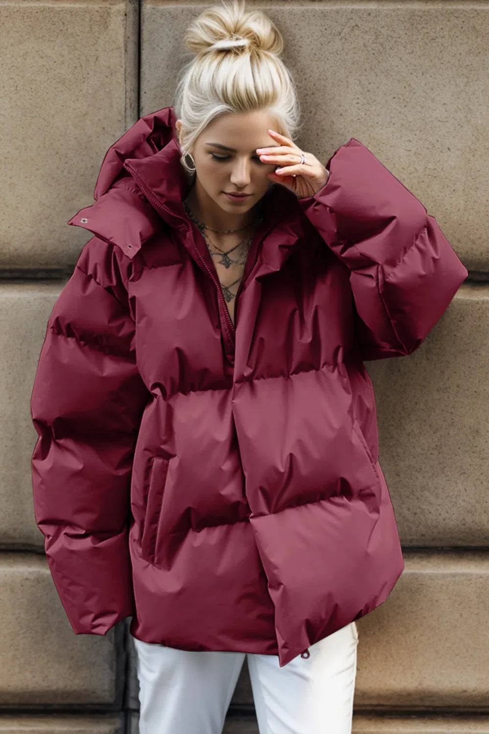 Pocketed Zip Up Hooded Puffer Jacket Trendsi