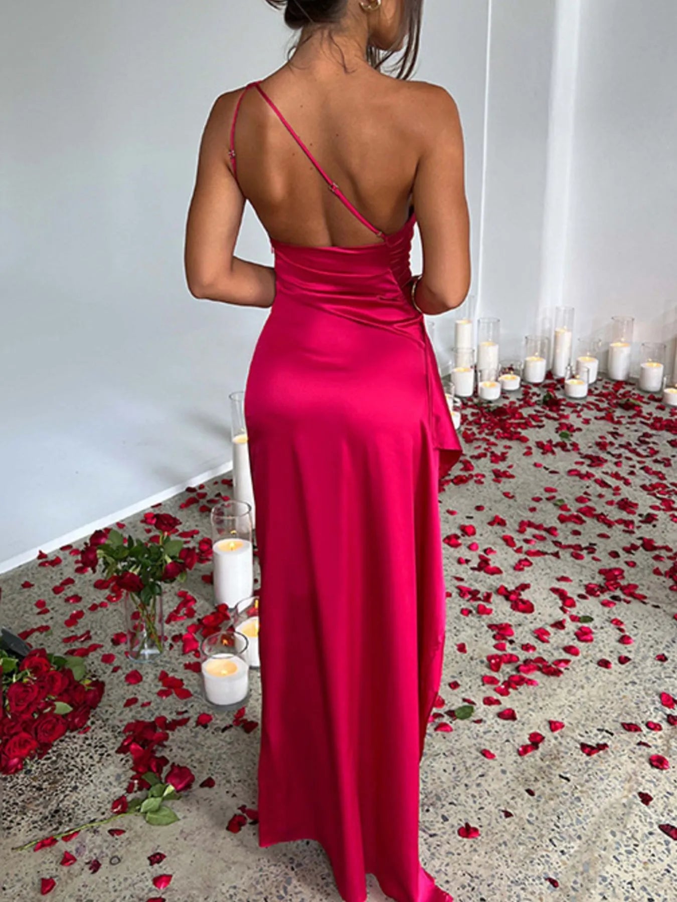 One Shoulder Satin Dress with High Slit Luckygirlsclothingcompany.com