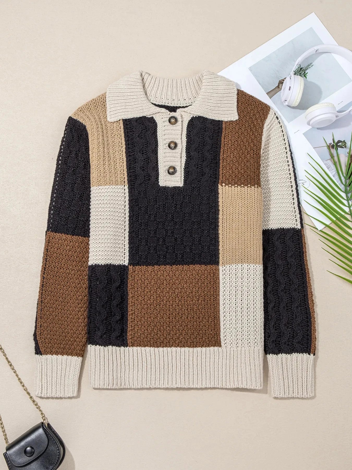Multicolour Color Block Cable Knit Sleeve Buttons Collared Sweater