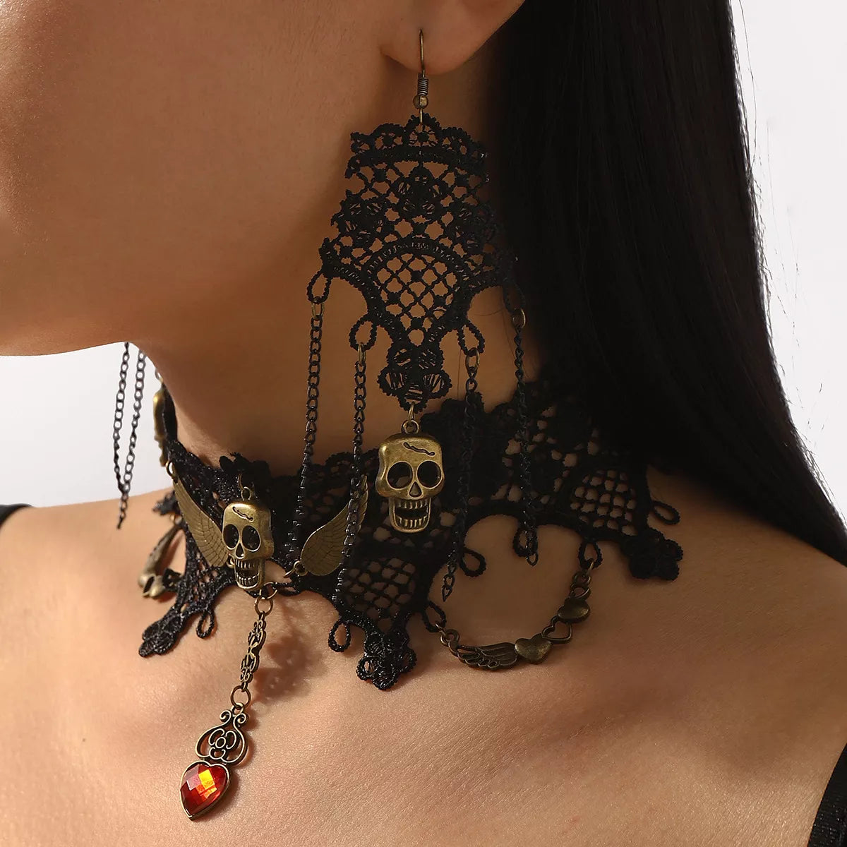 Halloween Lace Skull Necklace and Earrings Jewelry Set Trendsi