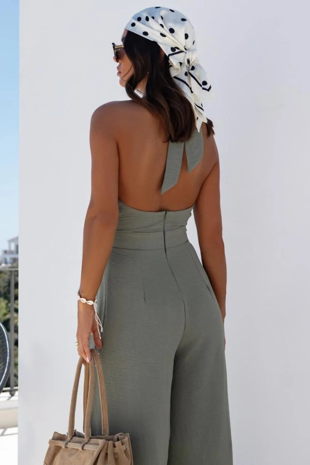 Halter Neck Wide Leg Jumpsuit with Keyhole Detail 
