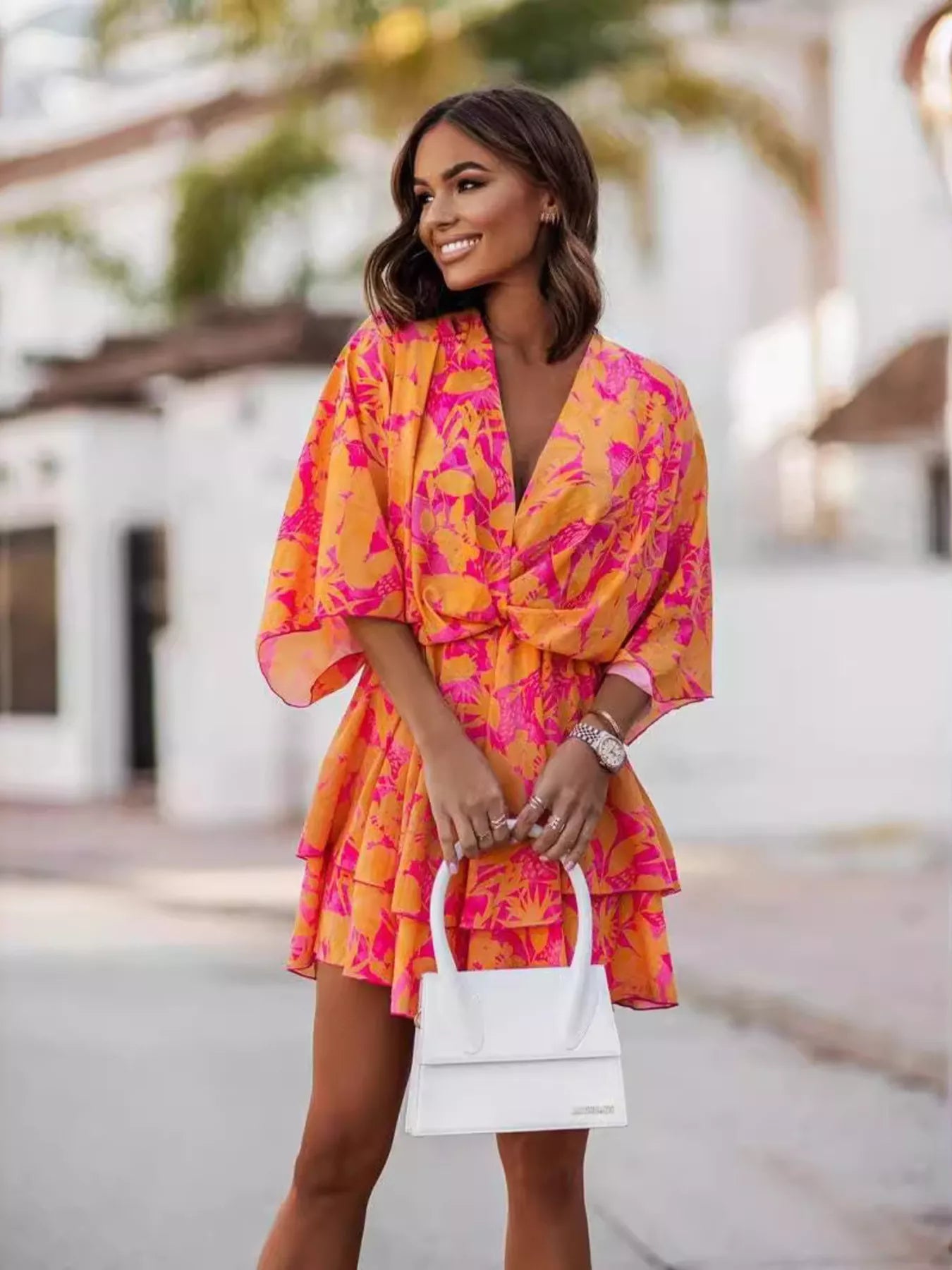 Layered Printed Surplice Mini Dress 