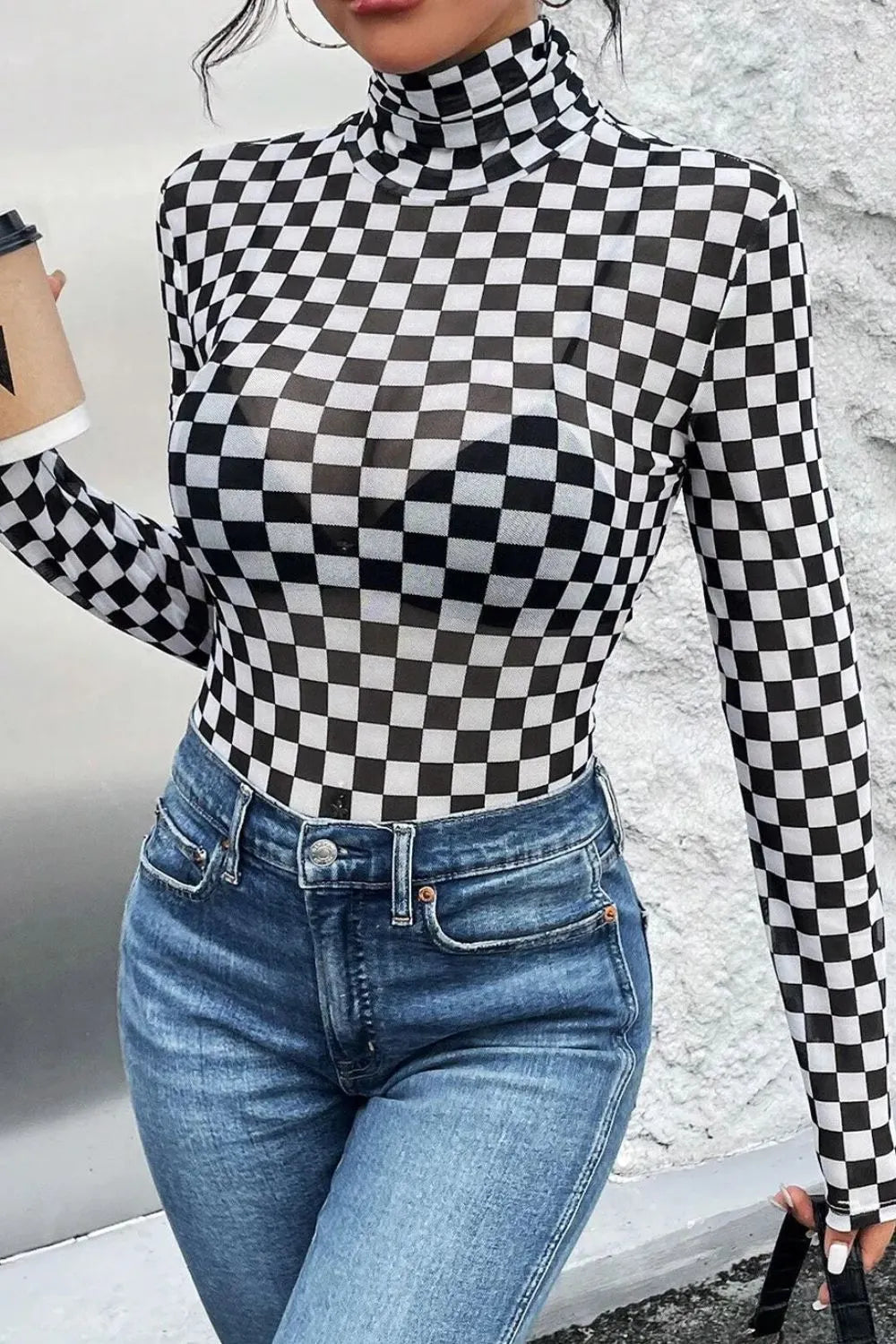 Checkered Turtleneck Long Sleeve Bodysuit 