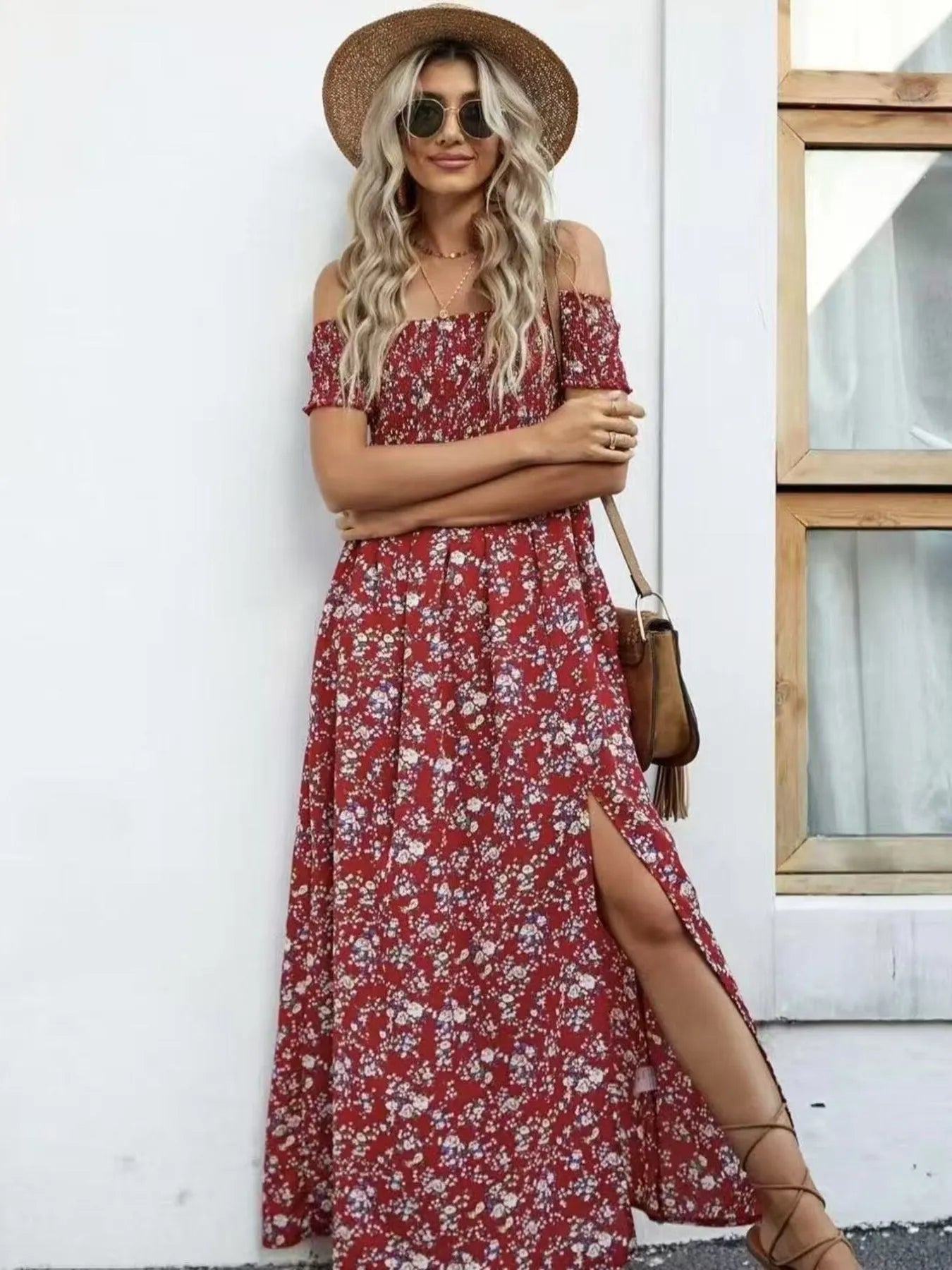 Full Size Slit Off-Shoulder Floral Midi Dress Plus Size Trendsi
