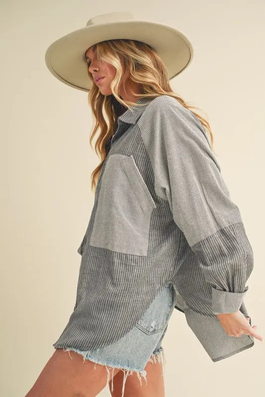 Aemi + Co Striped Collared Neck Lantern Sleeve Shirt Trendsi