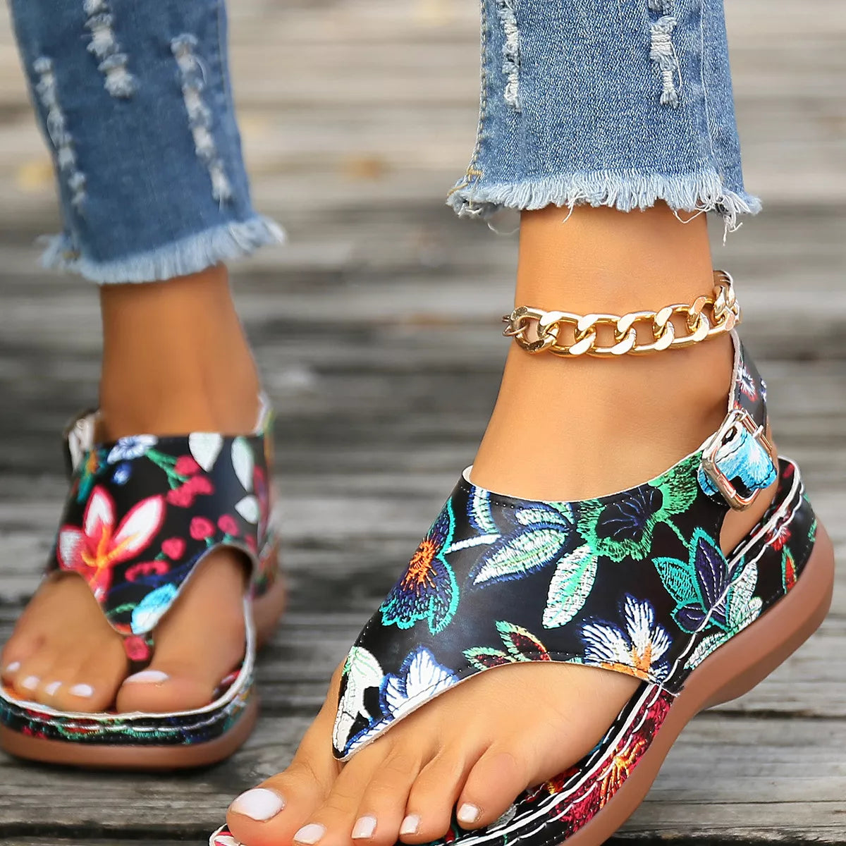 Floral Thong Wedge Sandals Trendsi