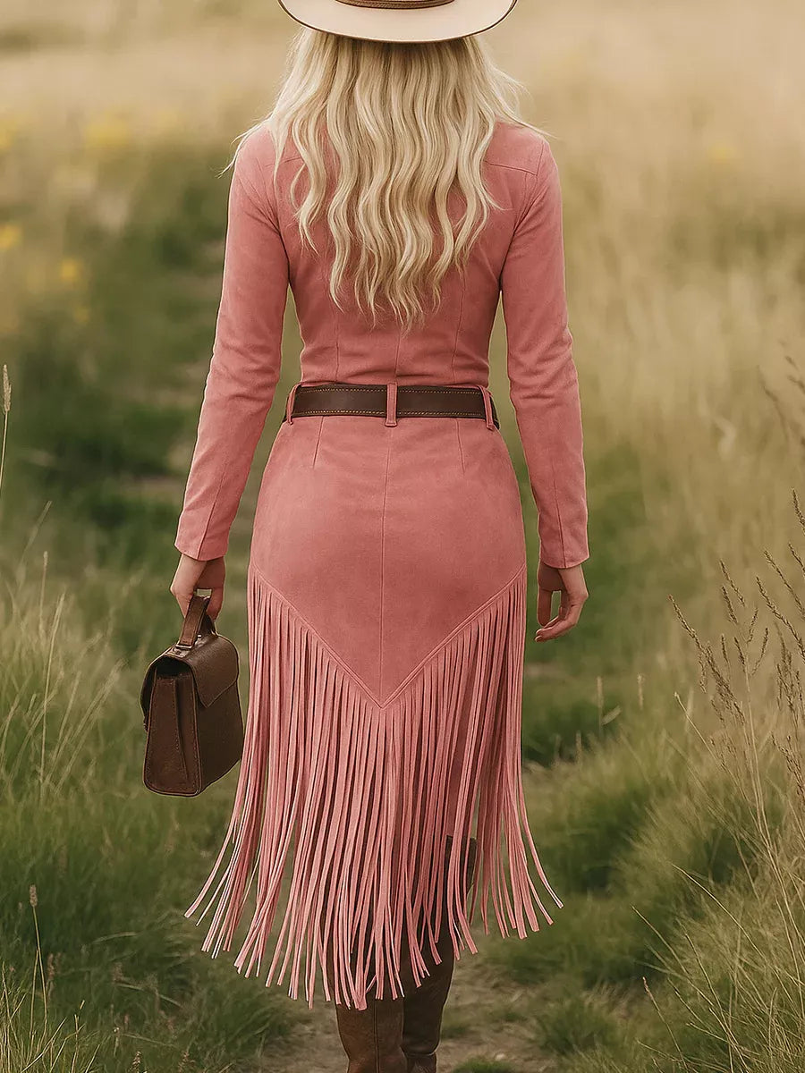 Fringe Zip Front Long Sleeve Dress 