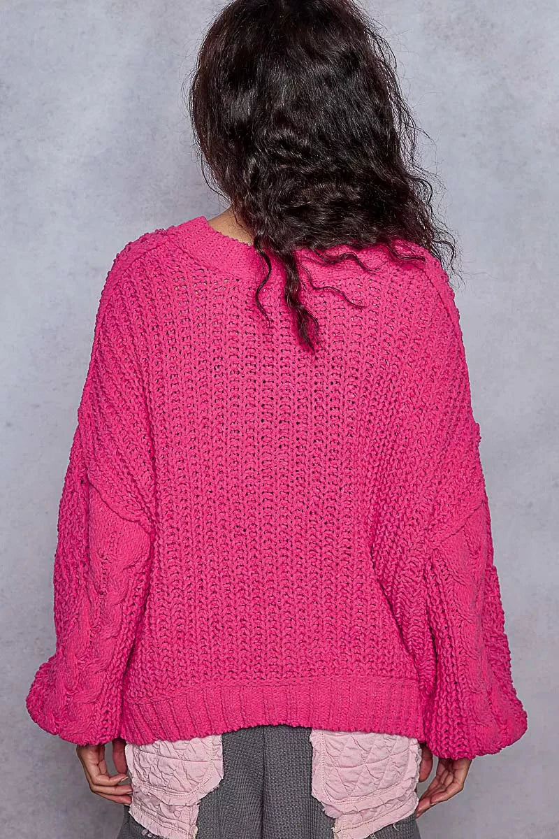 POL Cable-Knit Solid V-Neck Cropped Sweater 