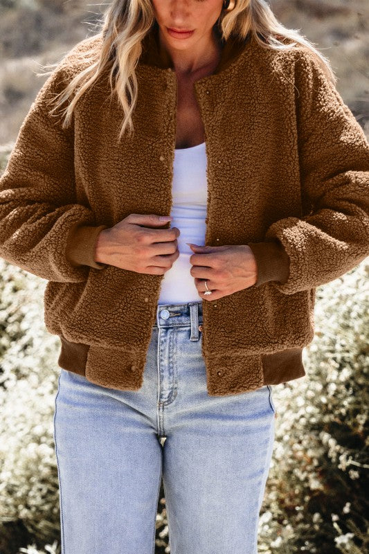 Burl Sherpa Ribbed Baseball Collar Bomber Jacket 