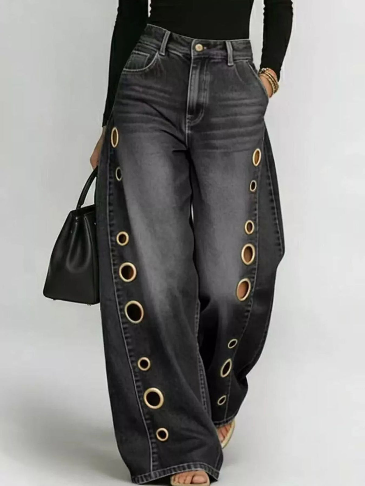 Wide Leg Jeans with Eyelet Details Trendsi