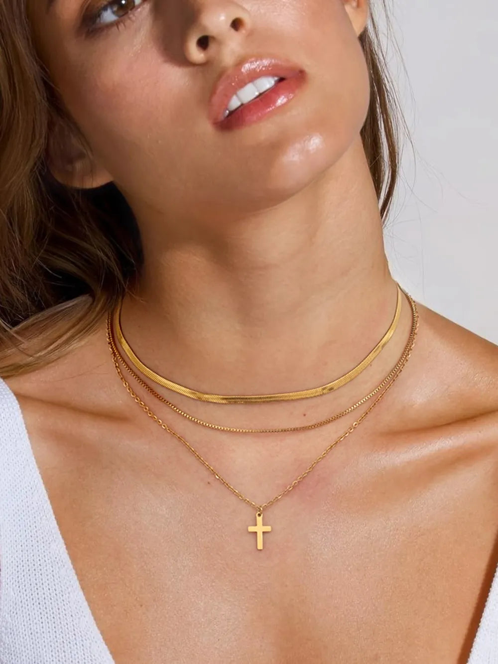 18K Gold-Plated Three-Layered Cross Necklace Trendsi
