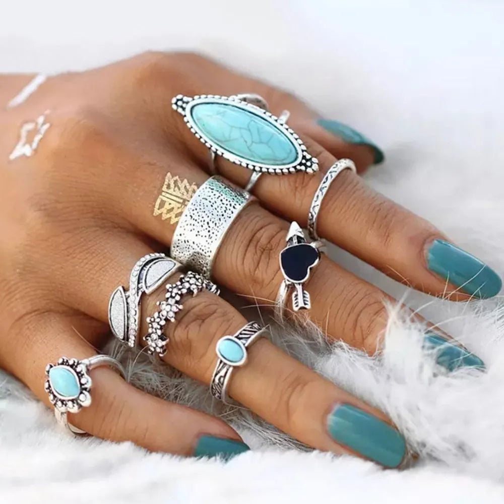 Turquoise Alloy 8-Piece Ring Set Trendsi