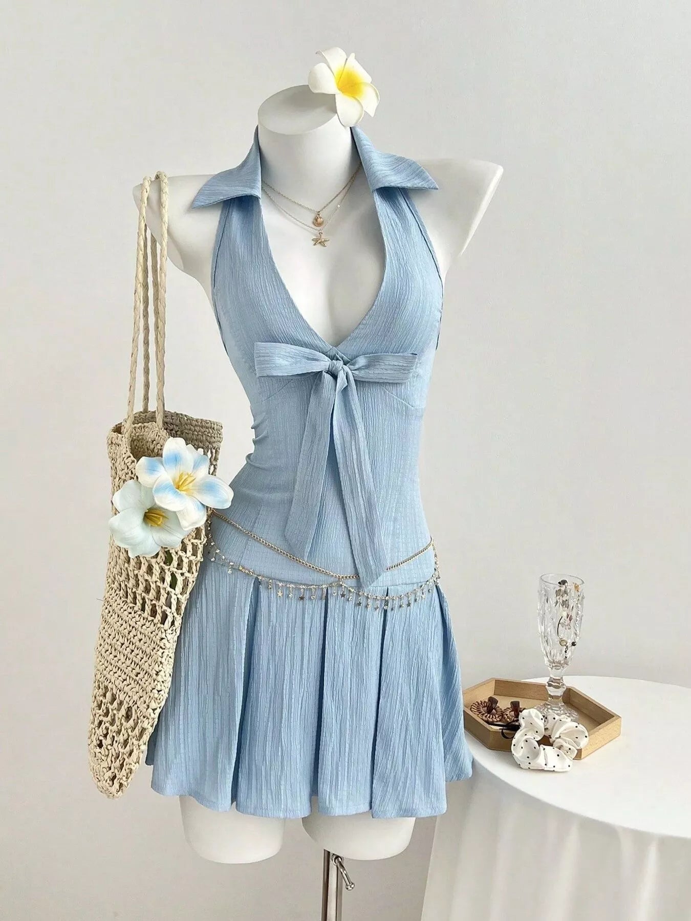 Halter Neck Bow Tie Pleated Mini Dress Trendsi
