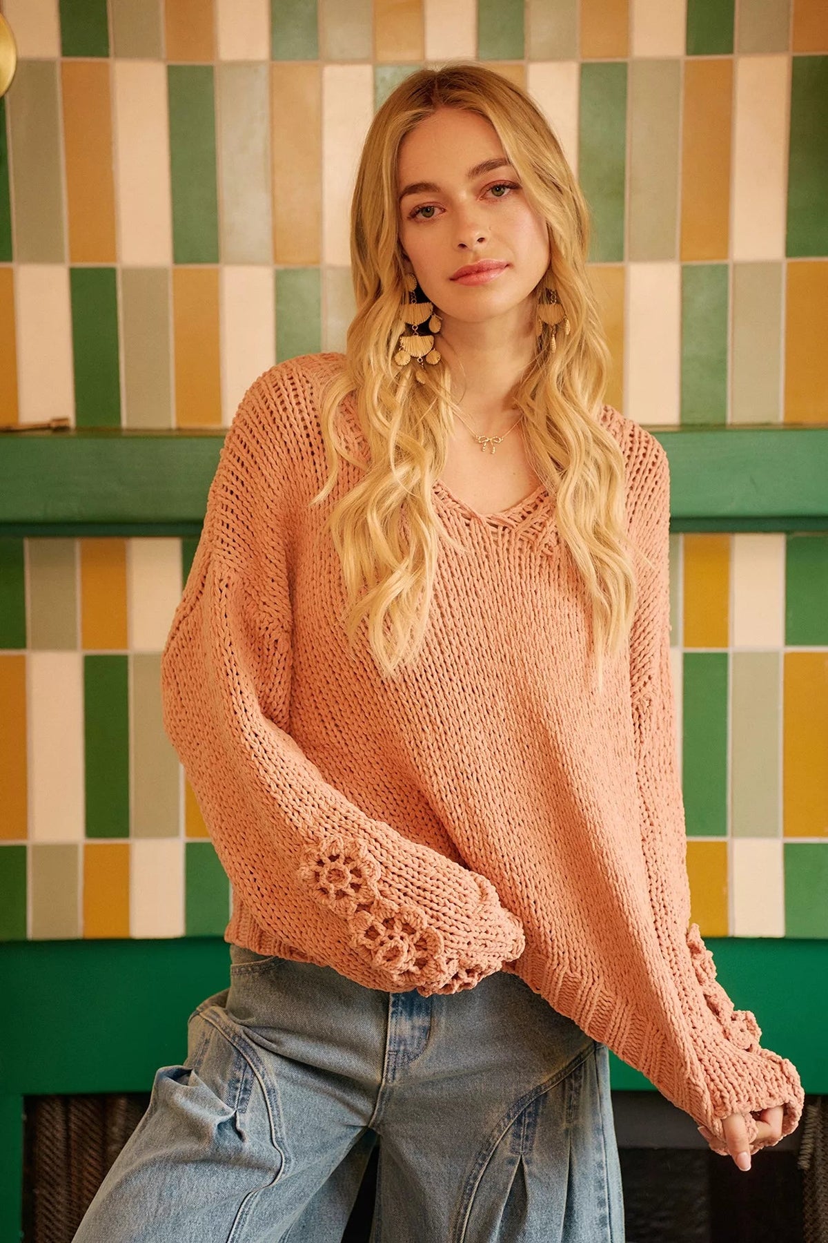 BiBi Chunky Knit Sweater with Flower Detail Sleeves Trendsi