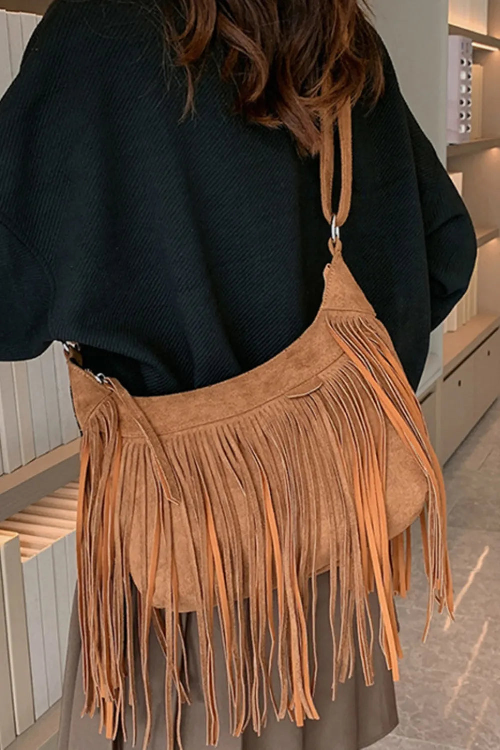 Suede Fringe Adjustable Strap Shoulder Bag 