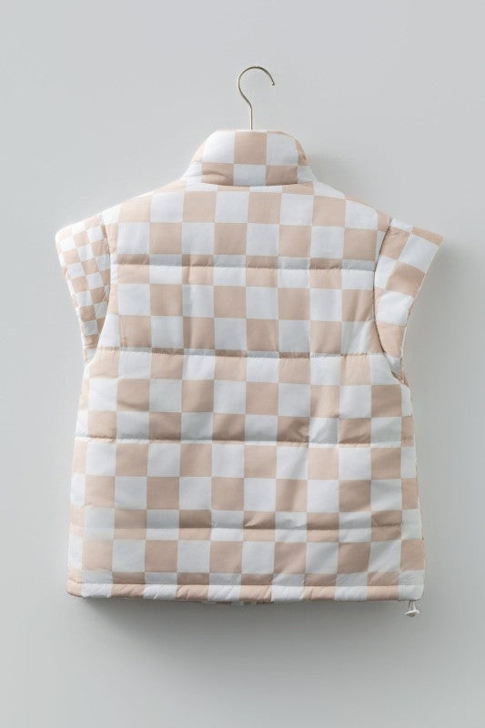 Checker Patchwork Quilted Buttoned Zip Up Vest 