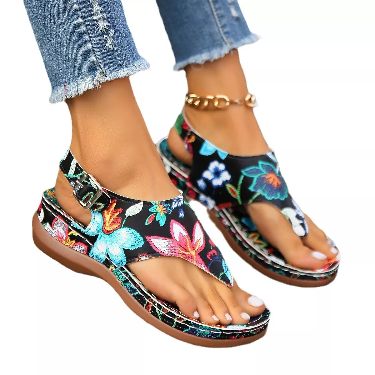 Floral Thong Wedge Sandals Trendsi