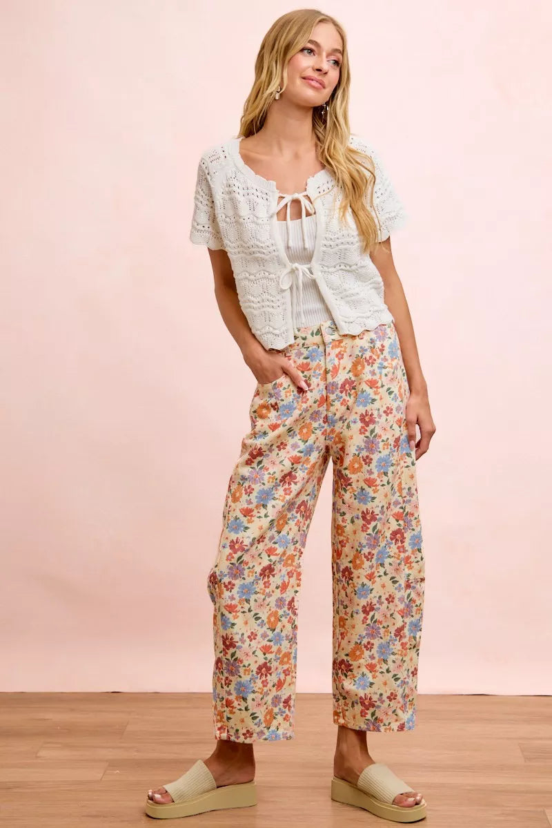 BiBi Washed Floral Printed Twill Barrel Pants Trendsi