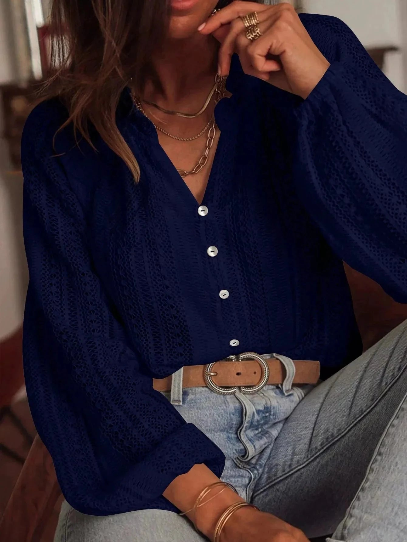 Lace Notched Long Sleeve Shirt 
