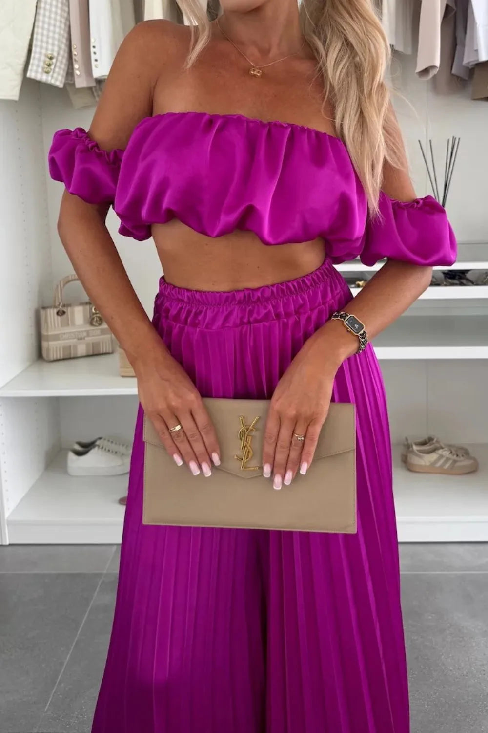 Off-Shoulder Top and Pleated Pants Set Luckygirlsclothingcompany.com