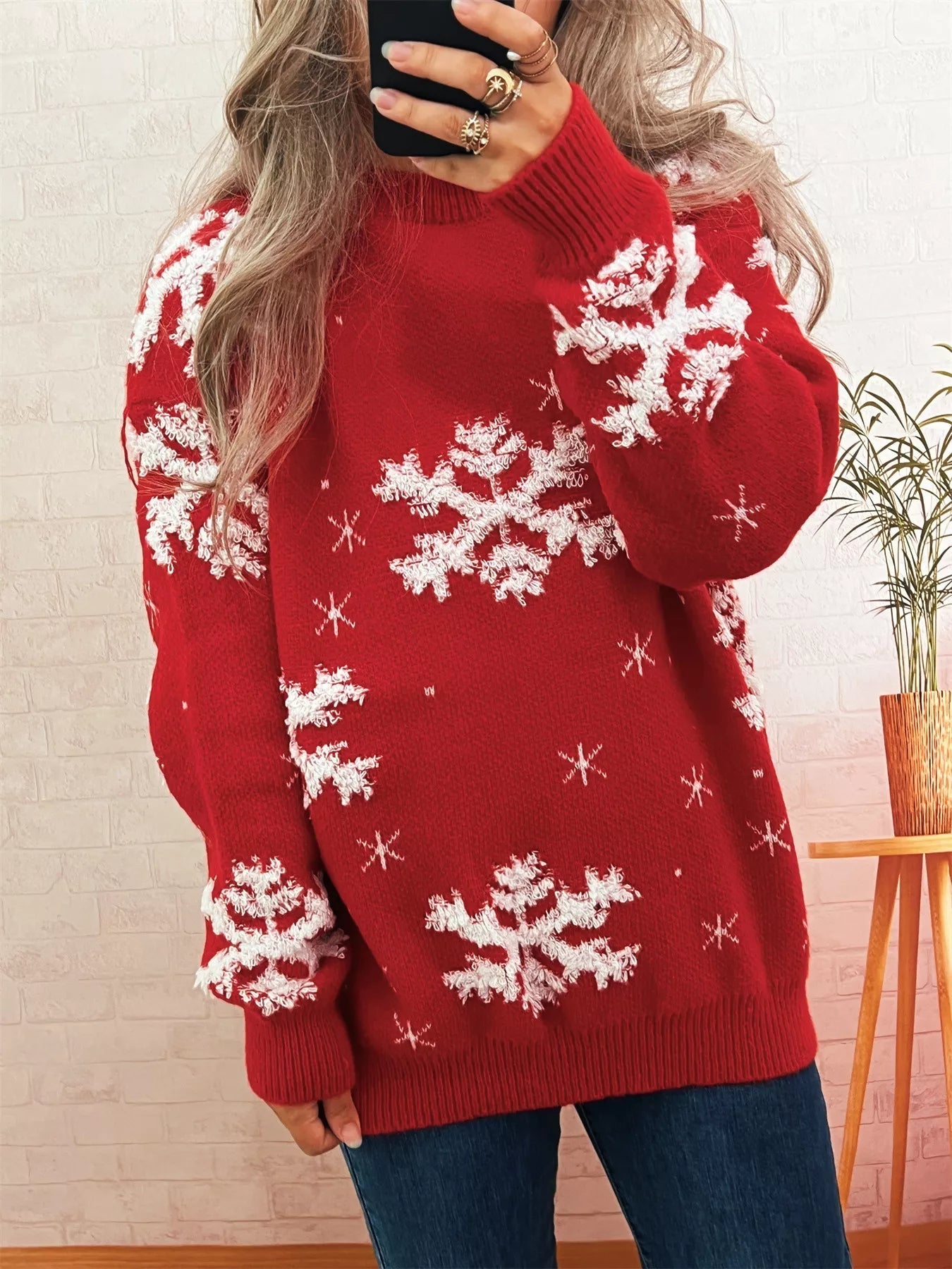 Snowflake Ribbed Hem Long Sleeve Sweater 