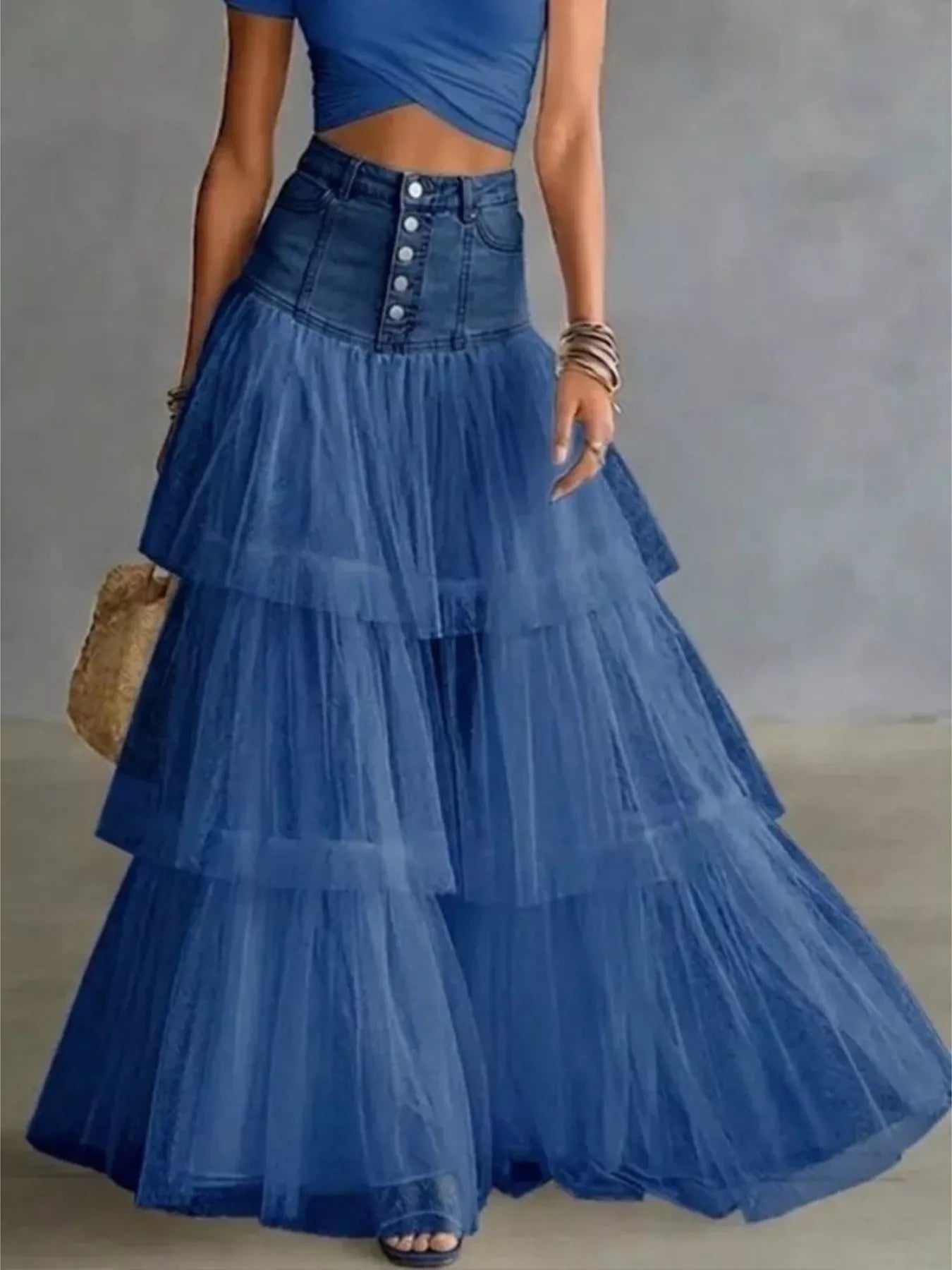 High-Waisted Button-Front Denim and Tulle Maxi Skirt Trendsi