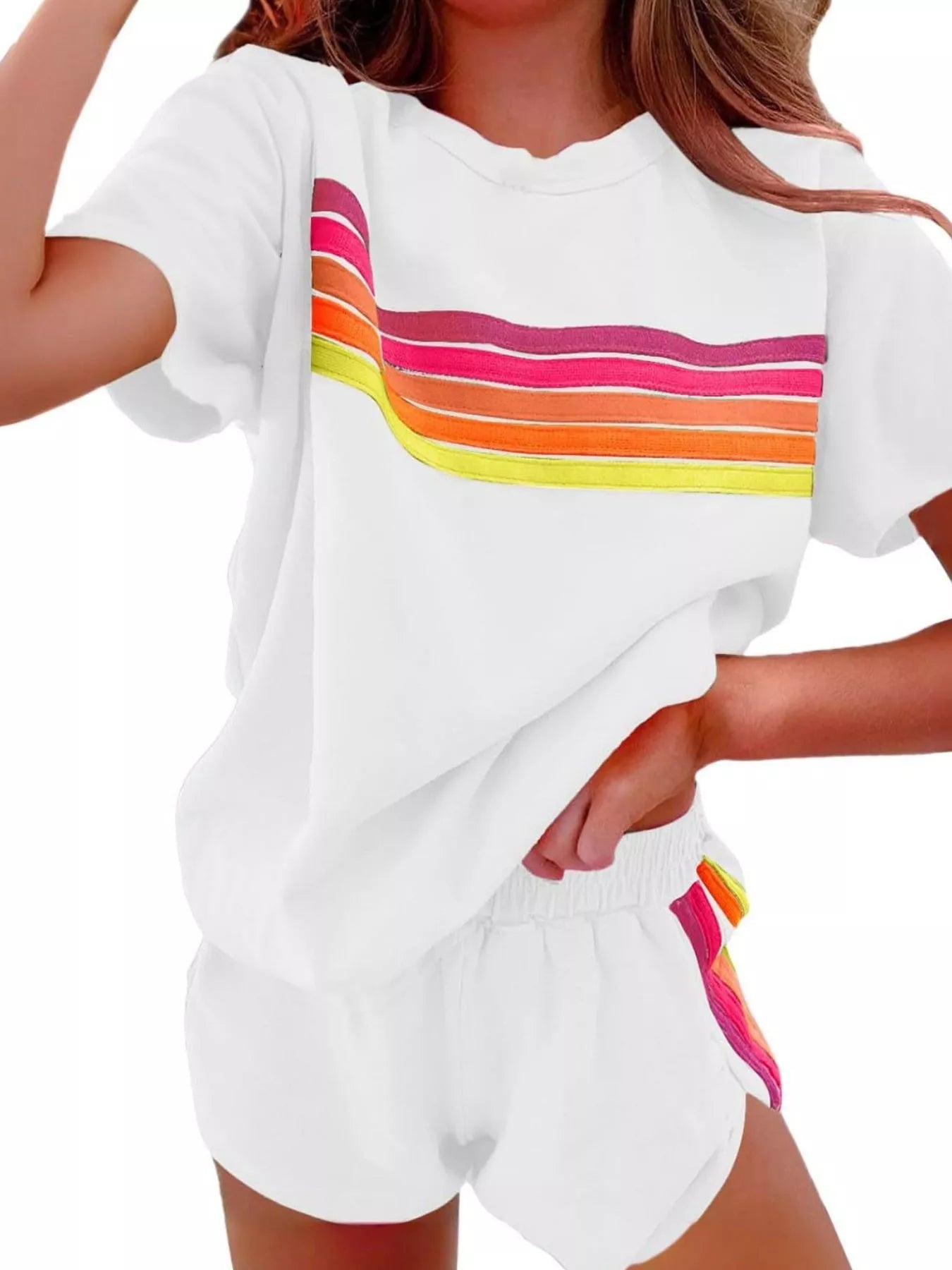 Rainbow Striped Round Neck Top and Shorts Set Trendsi