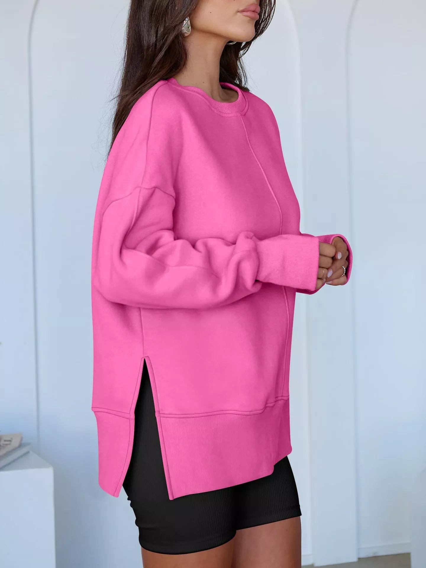 Side Slit Round Neck Long Sleeve Sweatshirt