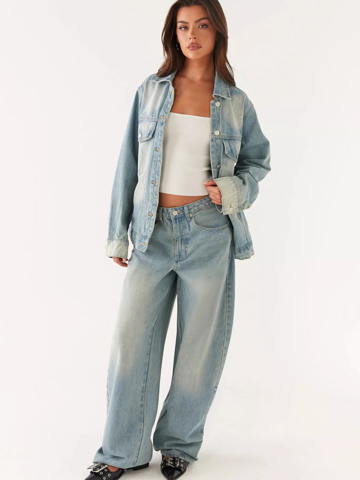 Button Up Denim Jacket and Jeans Set Trendsi