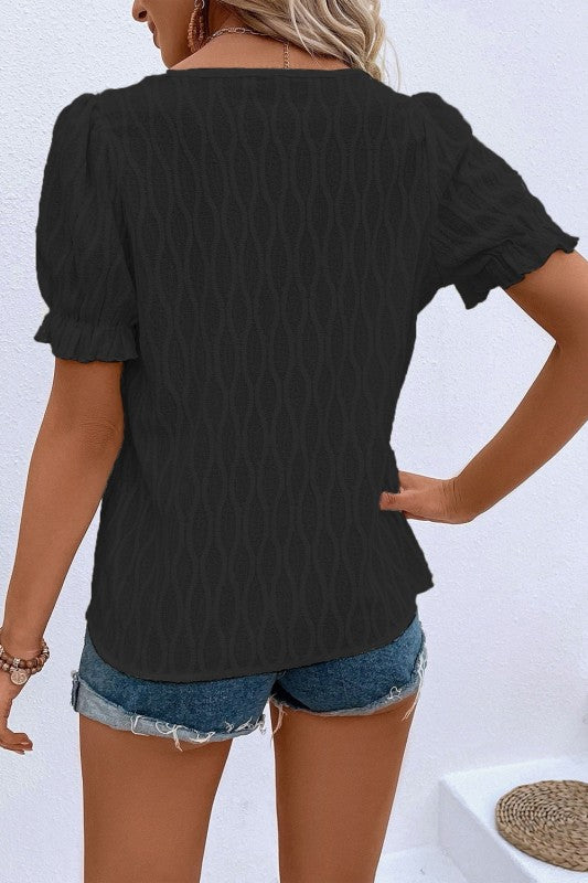 Solid Textured Notch Neck Puff Sleeve Blouse JUNIPER BLVD
