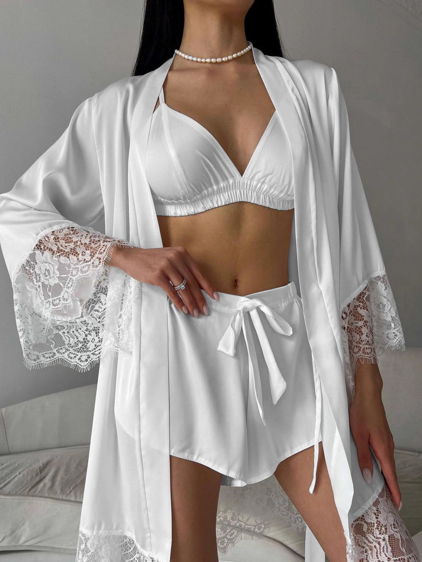 Cami & Lace Trim Cardigan & Shorts Lounge Set Trendsi