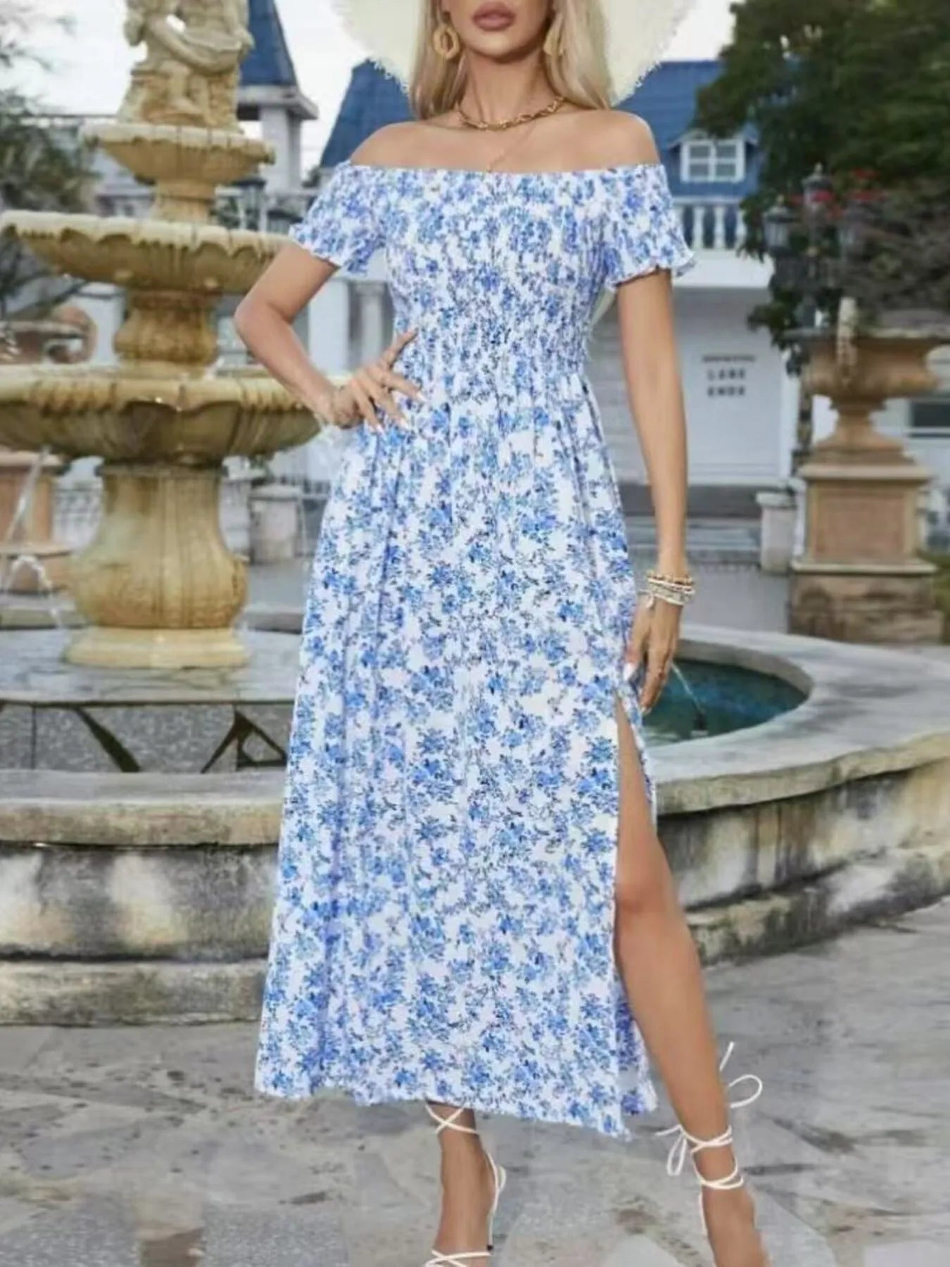 Full Size Slit Off-Shoulder Floral Midi Dress Plus Size Trendsi