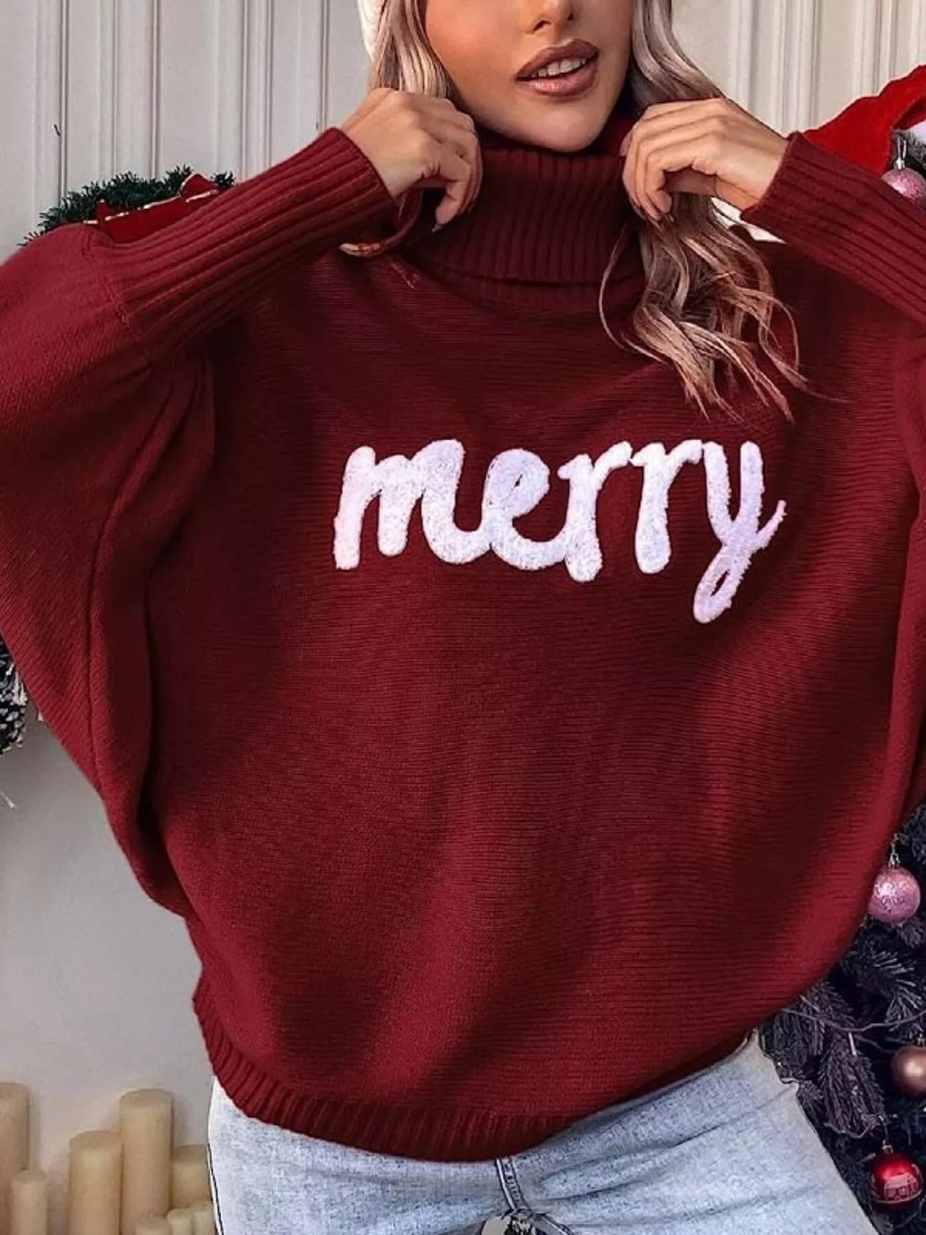 Merry Turtleneck Long Sleeve Christmas Sweater Trendsi