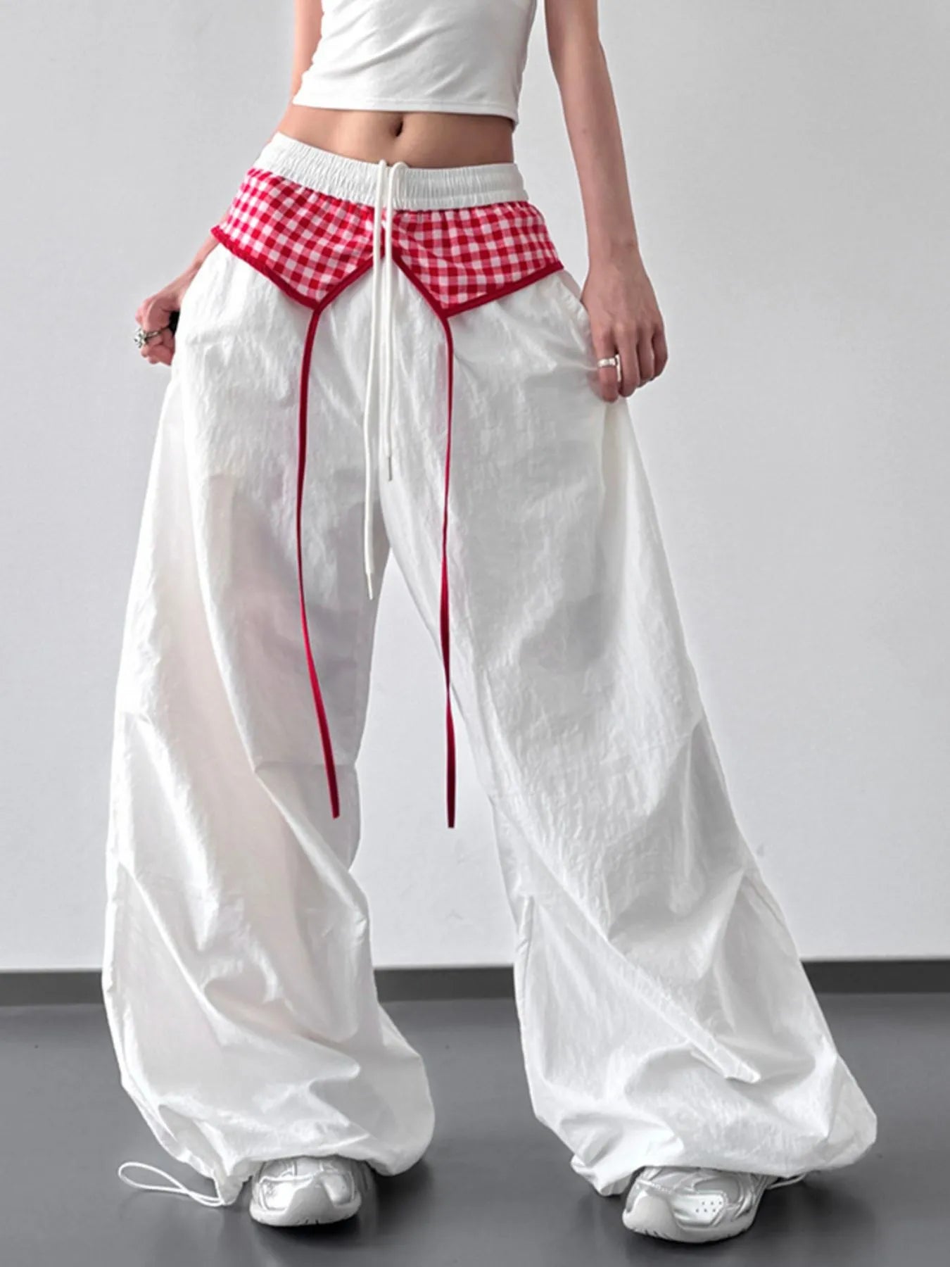 Wide Leg Pants with Checkered Detail 
