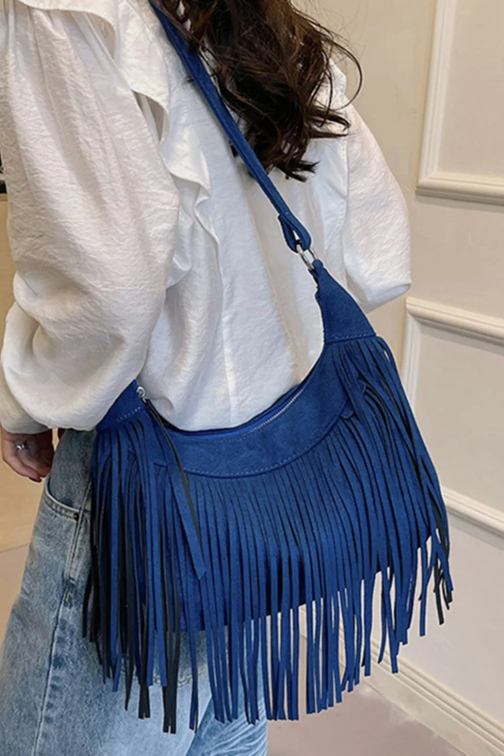 Suede Fringe Adjustable Strap Shoulder Bag 
