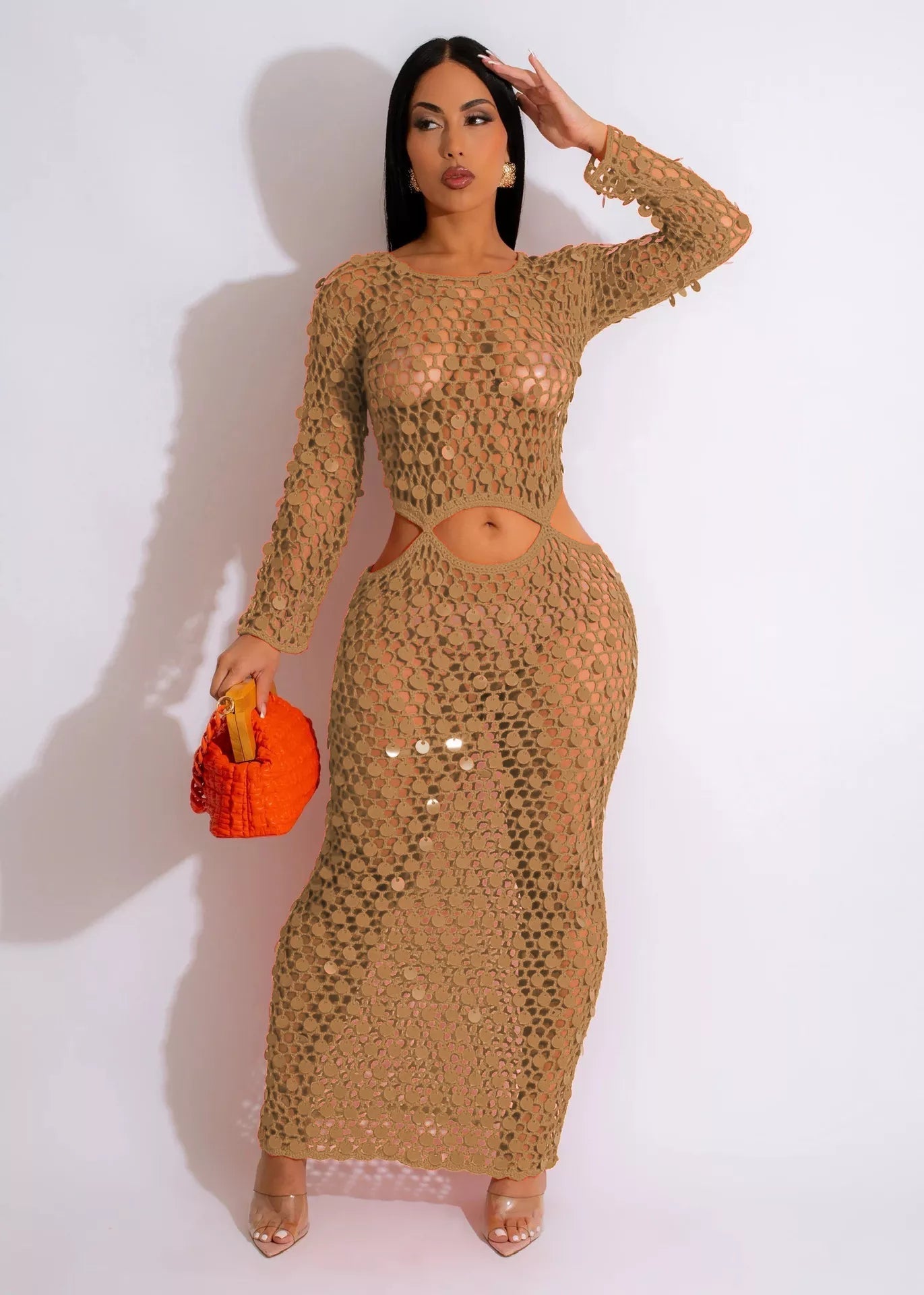 Sequin Mesh Cutout Maxi Dress 